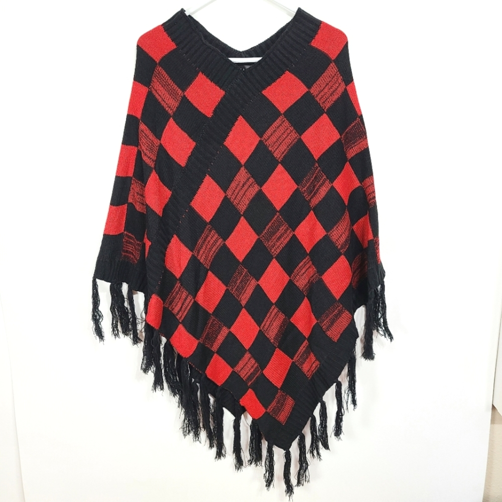 Maverick The Collection | NWT Buffalo Plaid Poncho Sweater Black Red One…